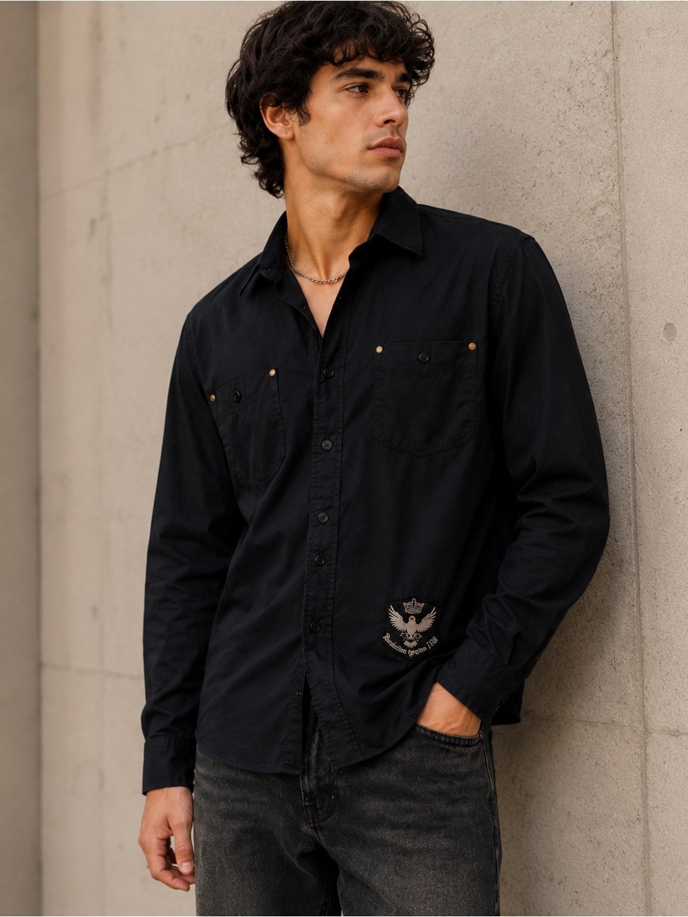 Black Graphic Button-Up Shirt Men’s Medium Motorcycle Rider Y2K Style